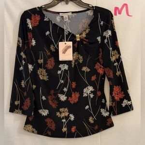 Carolyn Taylor Black Floral Spray V-Neck Long Sleeve Top